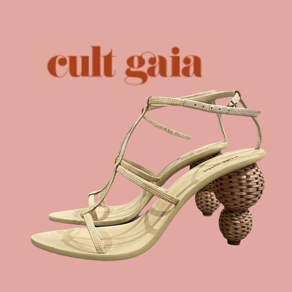 Cult Gaia strappy beige cream tan bamboo balls heels sandals slingback